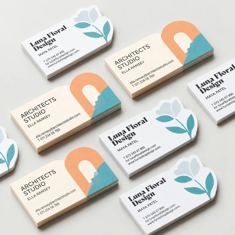 Namecard giấy mỹ thuật cắt hình hoa và mái vòm màu pastel