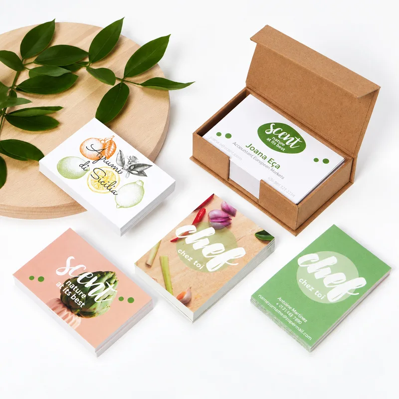 Namecard giấy mỹ thuật và giấy kraft, hộp kraft nắp nam châm cho thương hiệu thực phẩm