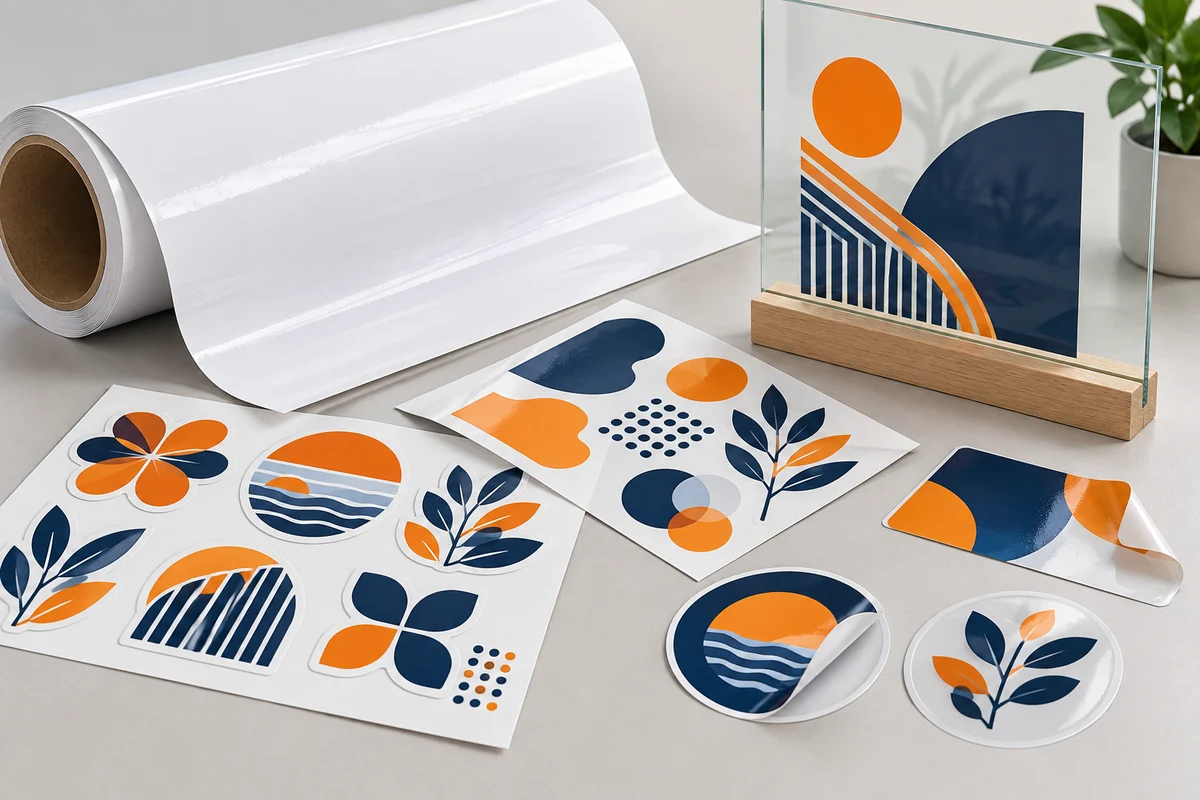 Decal in quảng cáo: cuộn decal, tem cắt rời và decal trong dán kính màu xanh cam.
