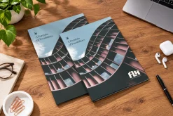 Folder kẹp hồ sơ mẫu kiến trúc trên bàn làm việc