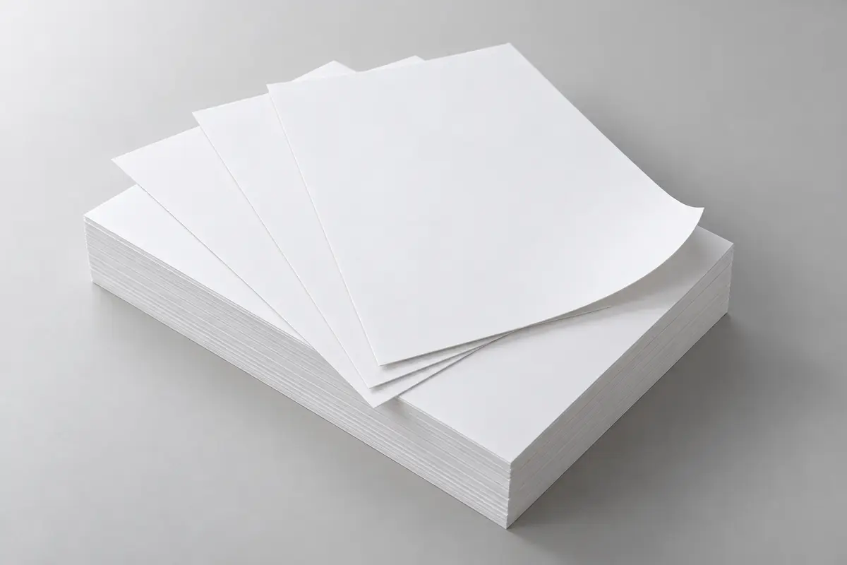 Chồng giấy bristol trắng chưa in với các tờ xếp so le
