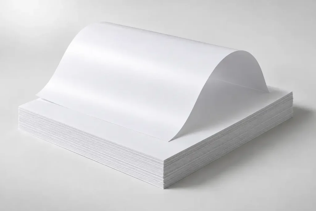 Chồng giấy Couche trắng chưa in với một tờ giấy uốn cong trên bề mặt.