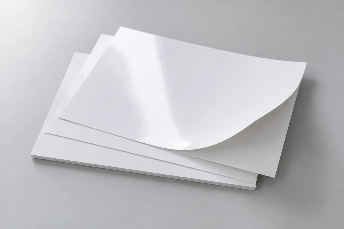 Chồng giấy ảnh trắng chưa in, các tờ xếp so le, góc giấy cong nhẹ