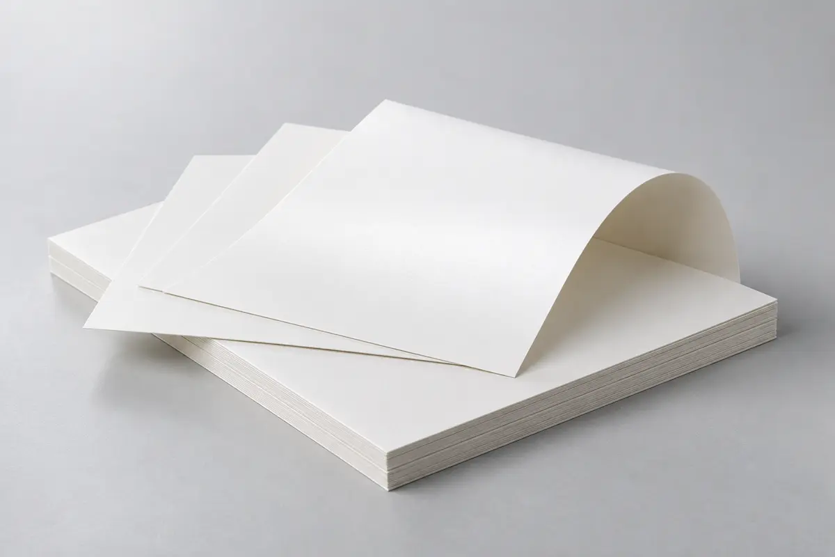 Chồng giấy Ivory trắng chưa in, các tờ xếp so le