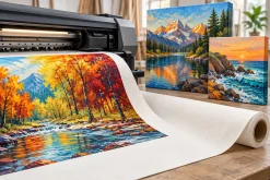 Dịch vụ in Canvas khổ lớn với máy in, cuộn vải Canvas và tranh thành phẩm.