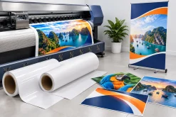Máy in PP khổ lớn cùng cuộn vật liệu và poster quảng cáo