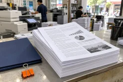Chồng tài liệu A4 in trắng đen sắc nét trên giấy Fort 80gsm tại xưởng in.