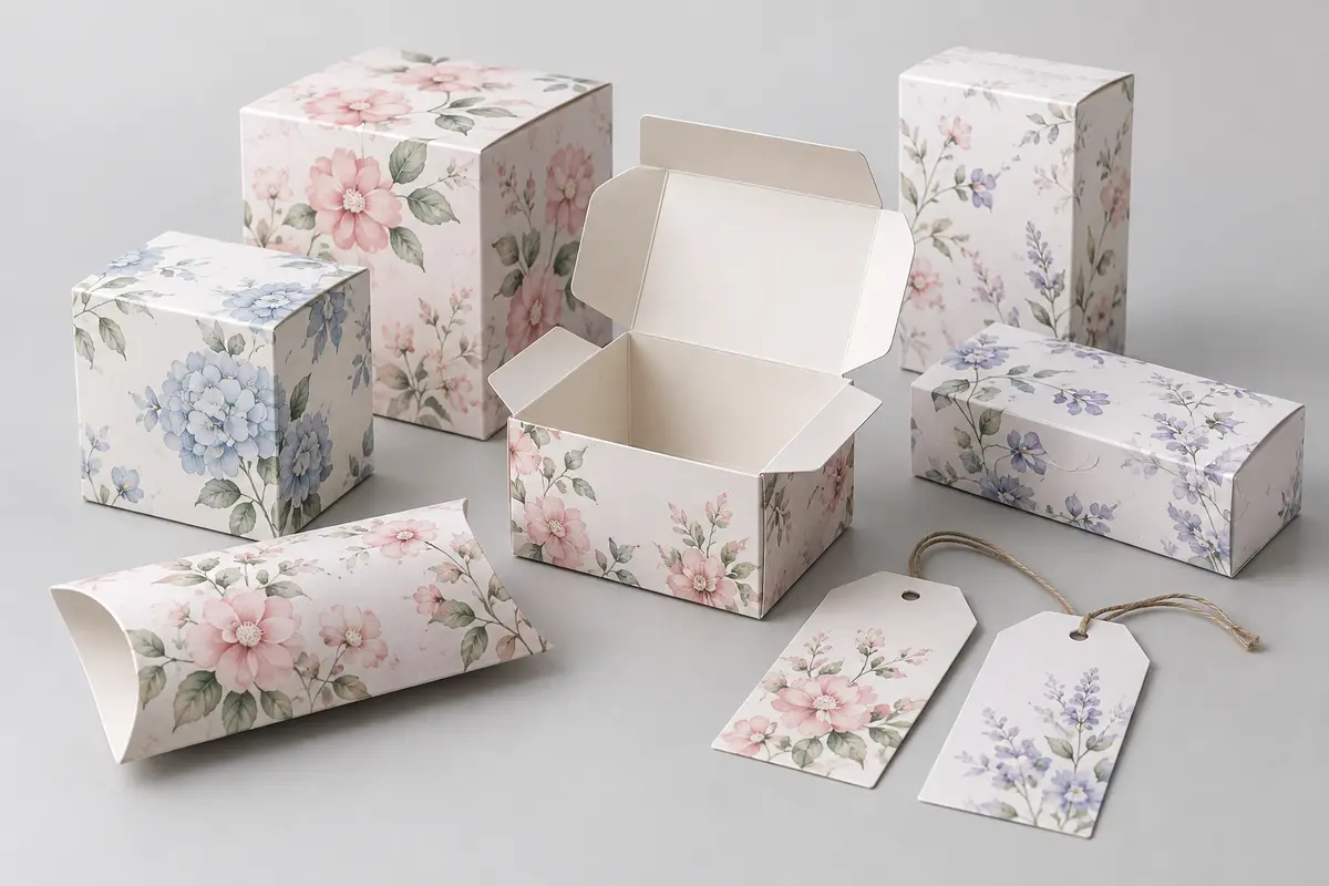 Hộp gấp, đai giấy và thẻ treo giấy ivory in họa tiết pastel