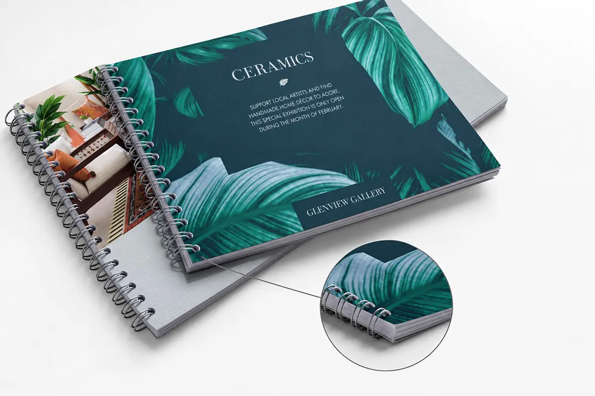 Catalogue khổ ngang đóng lò xo, bìa họa tiết lá xanh