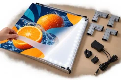 Tấm Backlit Film được lắp vào khung đèn LED cùng phụ kiện nhôm và nguồn điện