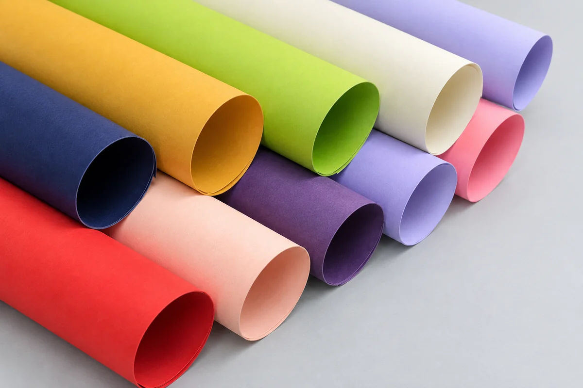 Các cuộn giấy mỹ thuật nhiều màu sắp xếp cạnh nhau.