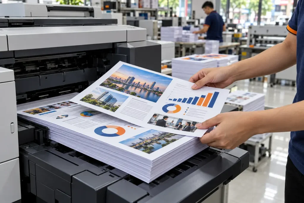 Máy in kỹ thuật số đang in tài liệu màu A4 sắc nét