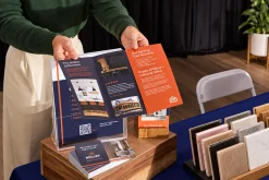 Brochure nội thất gấp ba đặt trên bàn trưng bày