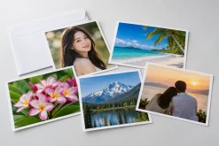 Các bản in chân dung, hoa và phong cảnh đặt cạnh bao giấy ảnh trắng.