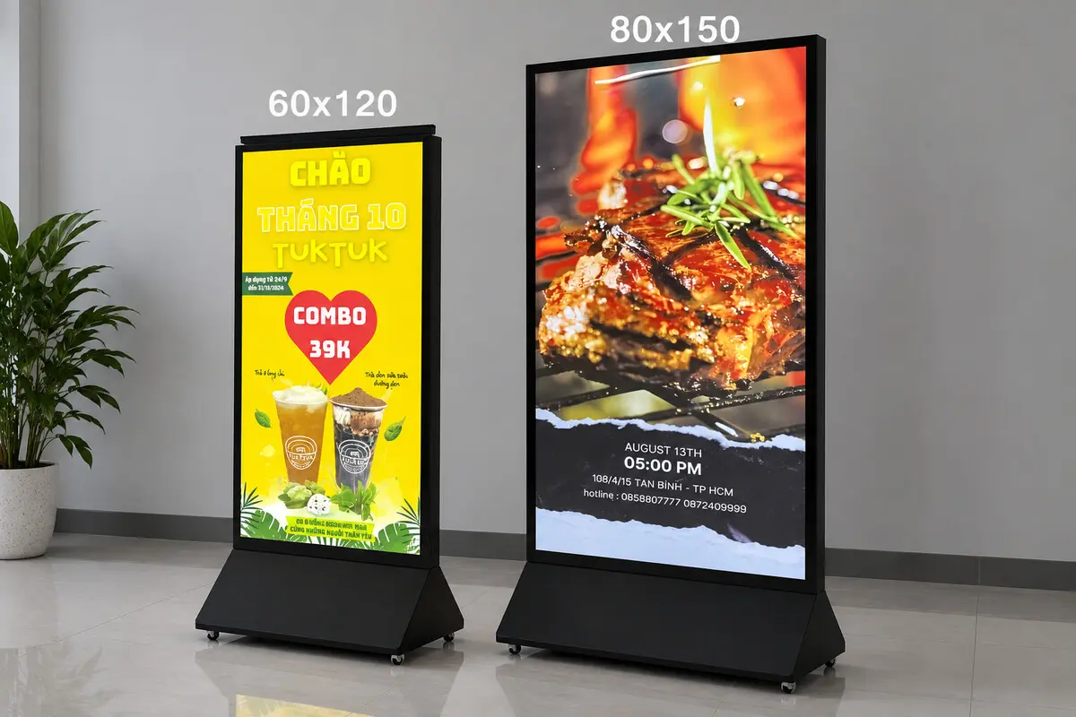 So sánh standee LED khổ 60 x 120cm và 80 x 150cm