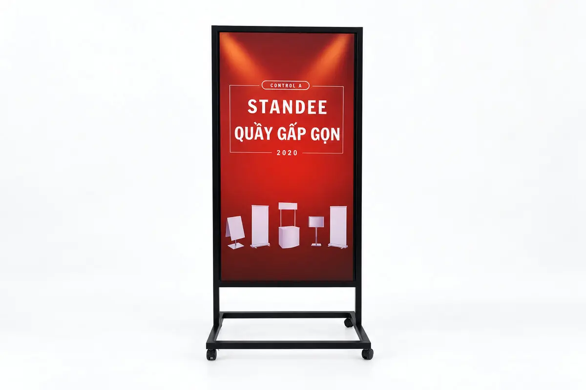 Standee chân sắt mẫu nền đỏ chụp trên nền trắng