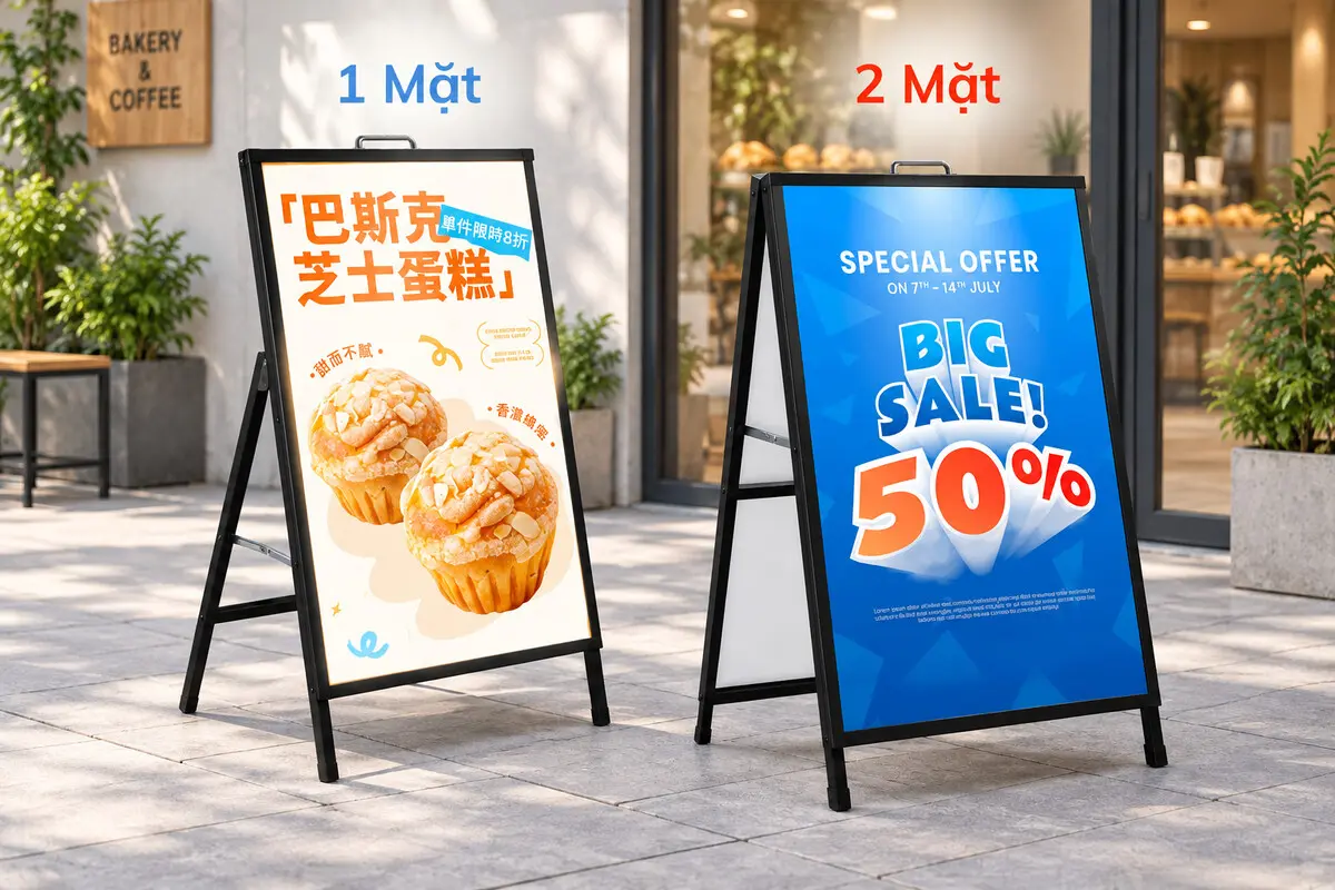 Standee chữ A in một mặt đặt cạnh loại in hai mặt
