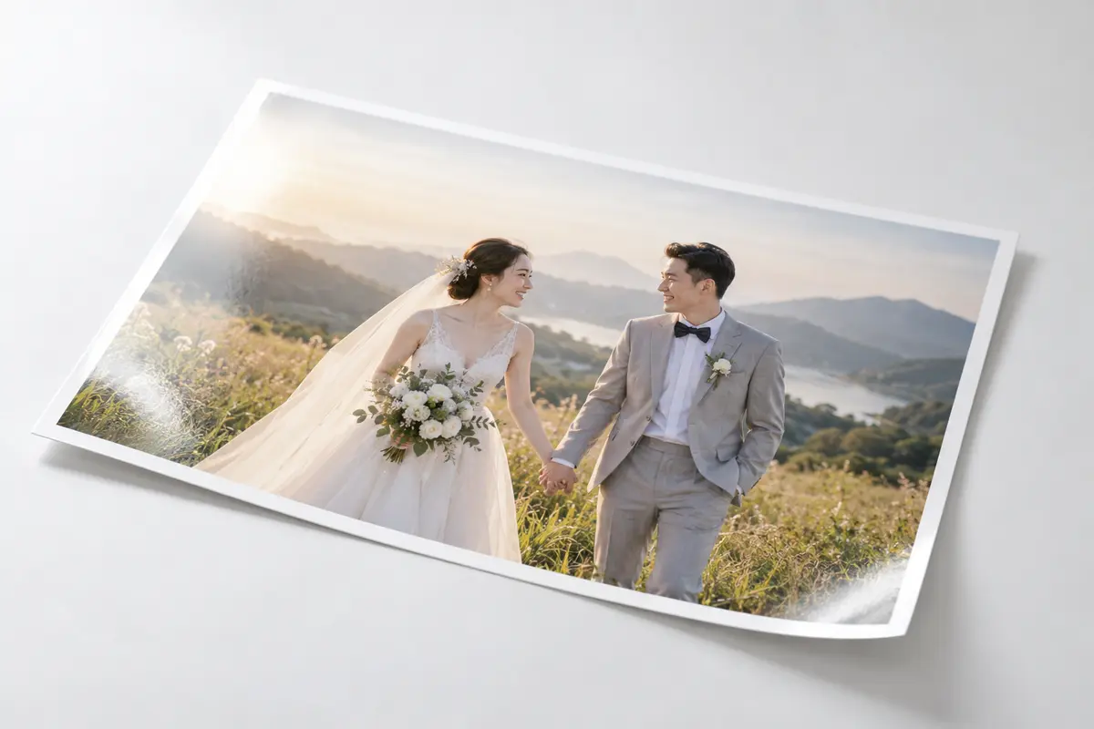Ảnh cưới in trên giấy ảnh với viền trắng và bề mặt phản sáng nhẹ