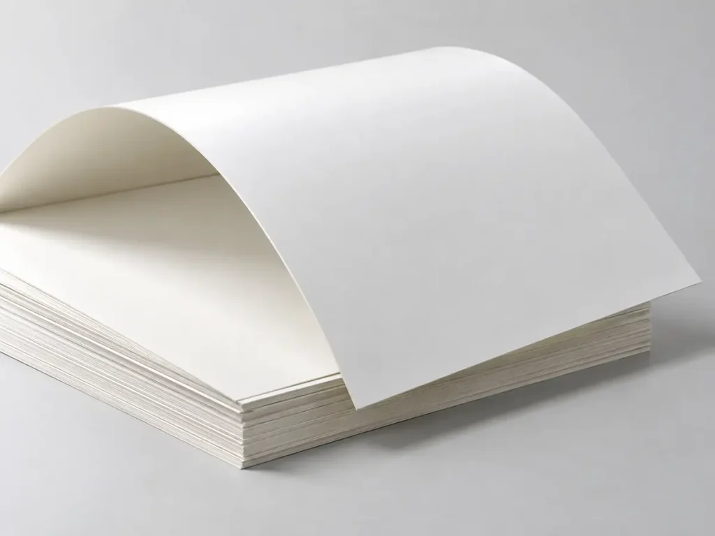 Giấy Ivory trắng chưa in, tờ giấy uốn cong để lộ mặt sau ngà nhạt.