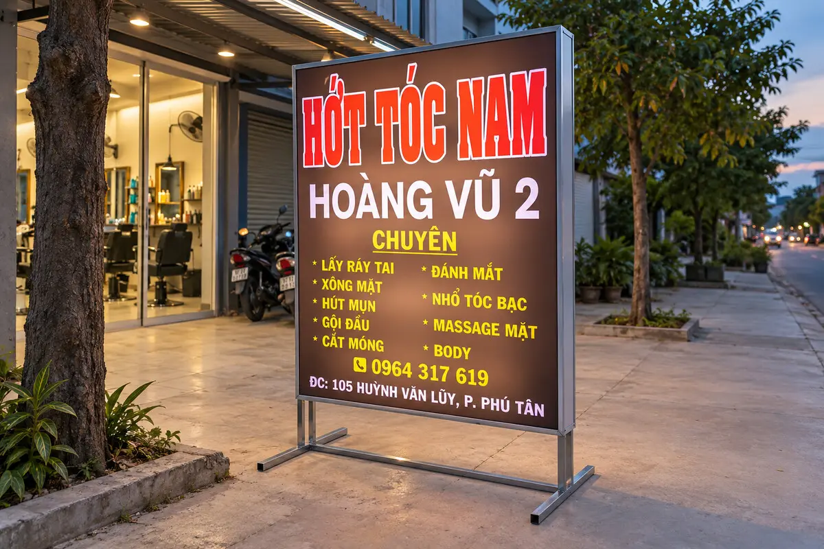Standee bạt xuyên đèn quảng cáo tiệm tóc