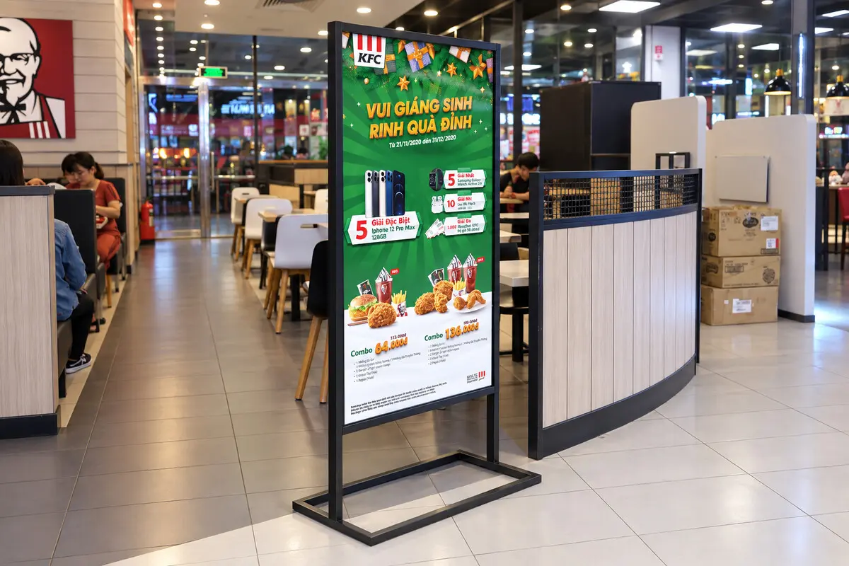 Standee chân sắt đặt trong lối đi trung tâm thương mại