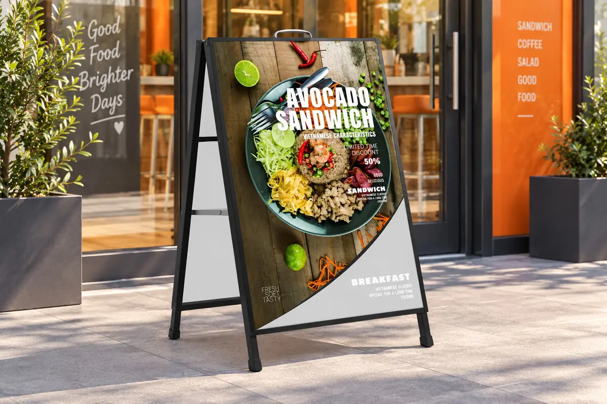 Standee chữ A quảng cáo đồ uống đặt trước quán