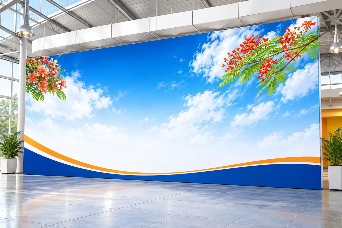 Backdrop bạt Hiflex khổ lớn trong sảnh triển lãm.