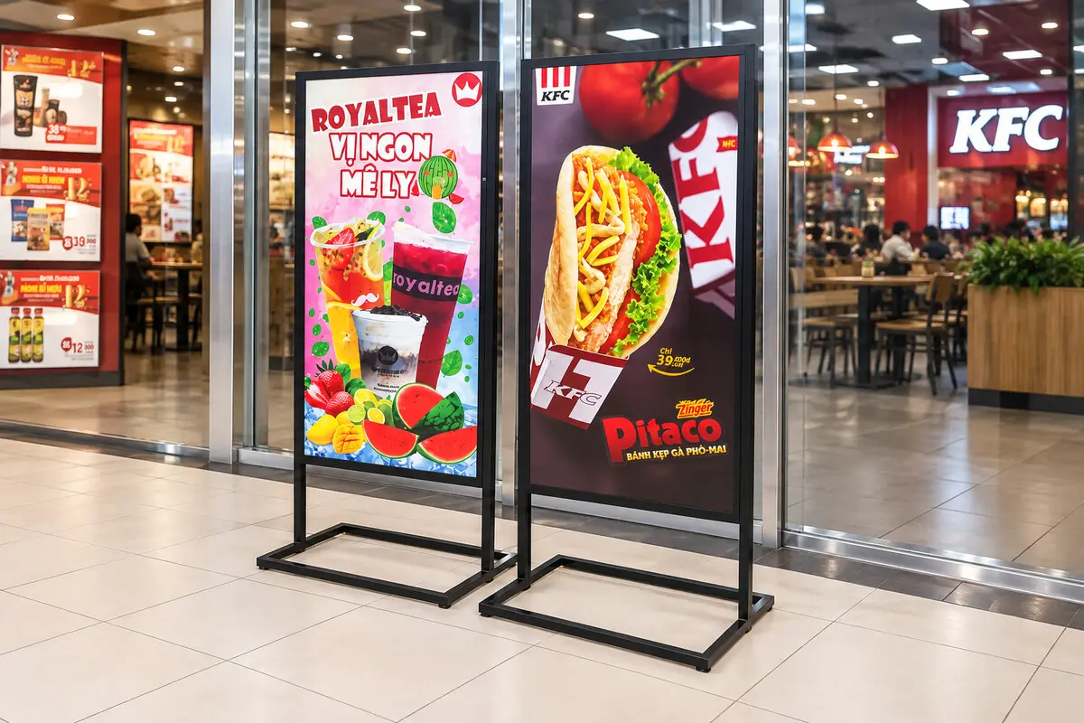 Hai standee quảng cáo đồ ăn và thức uống trước cửa hàng