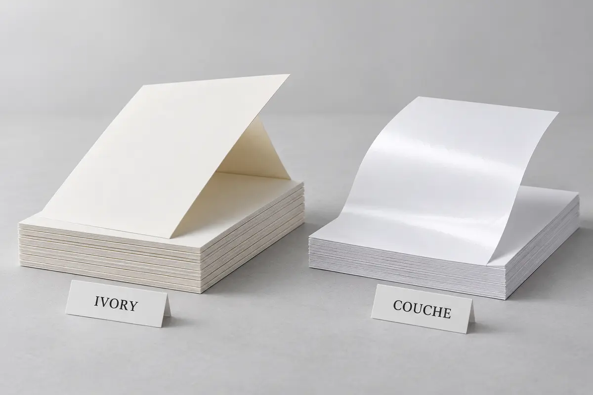 Hai nhóm mẫu giấy có nhãn Ivory và Couche đặt cạnh nhau