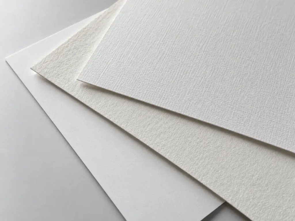 Các tờ giấy mỹ thuật trắng và trắng ngà chưa in với bề mặt có vân nhẹ.