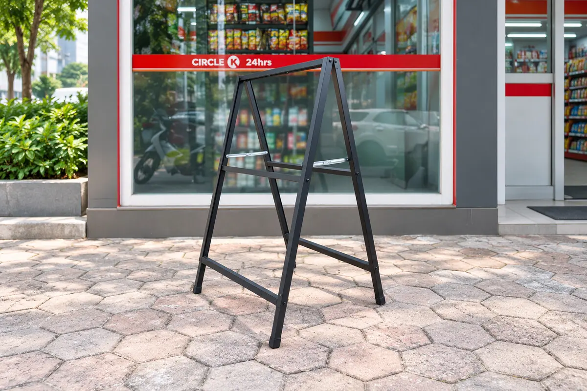 Khung standee chữ A chưa lắp bảng in đặt ngoài trời