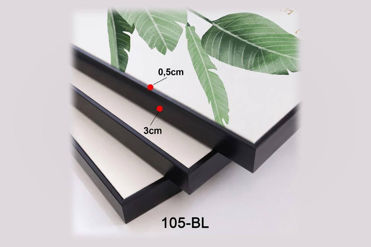 Khung tranh nhôm màu đen mã 105-BL với thông số mặt cắt minh họa.