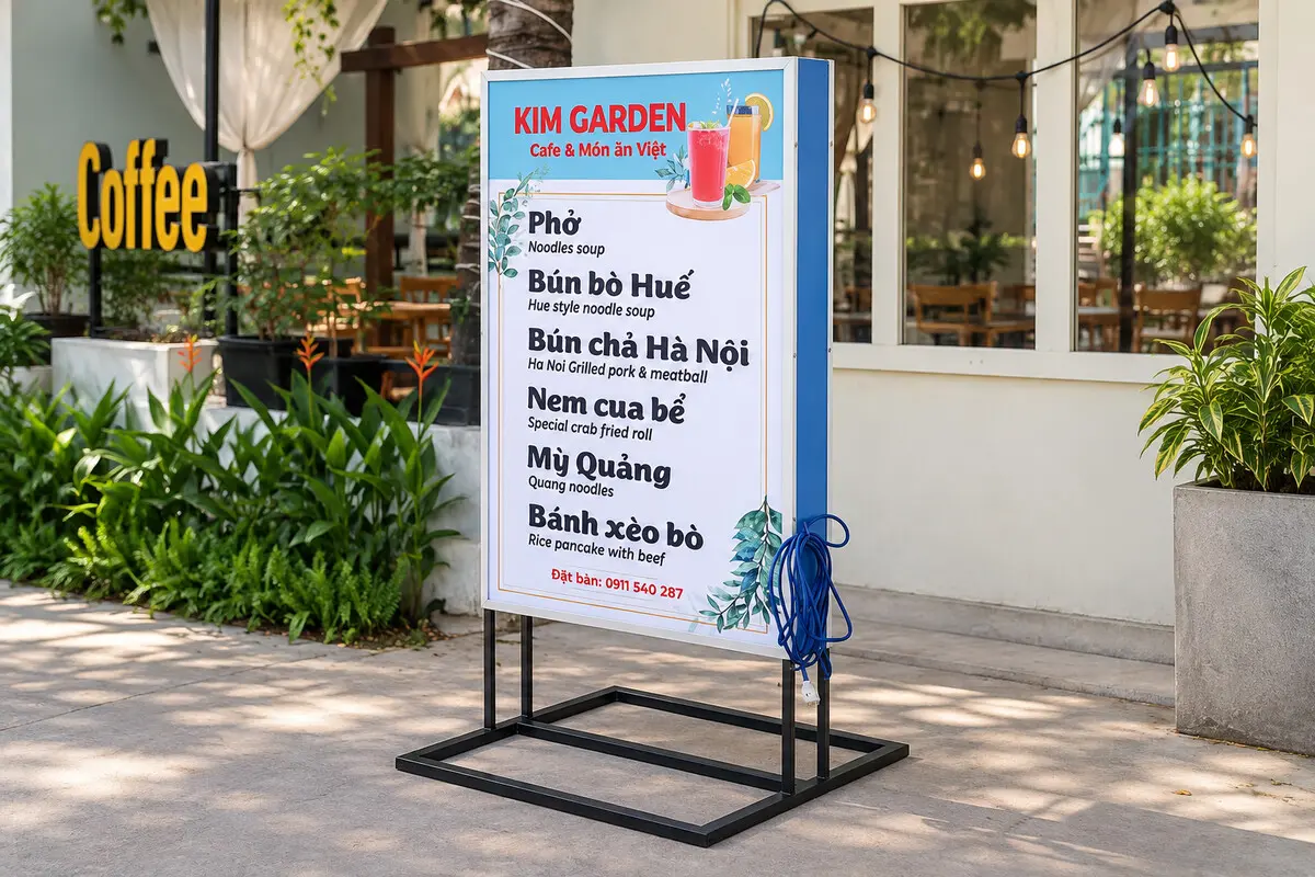Standee hộp đèn in menu cà phê và món Việt