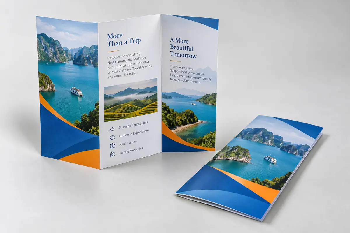 Brochure du lịch gấp ba in trên giấy Couche