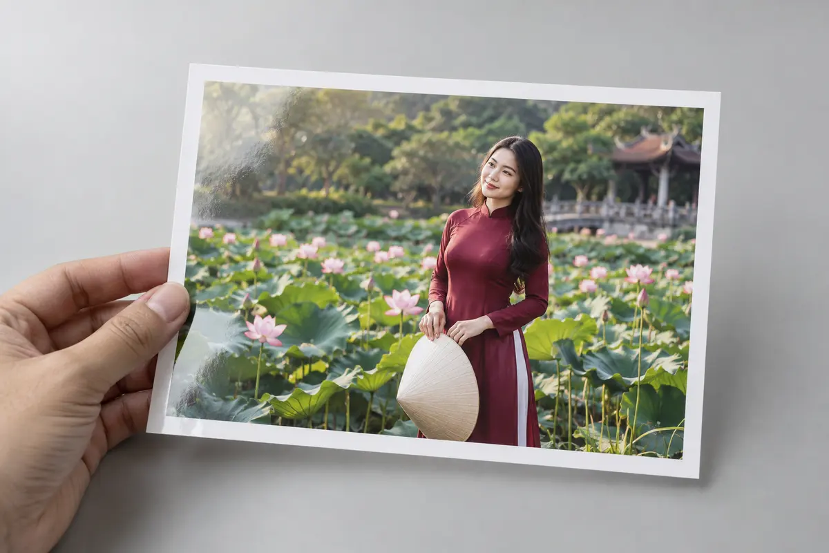 Bàn tay cầm ảnh chân dung áo dài in trên giấy ảnh bóng