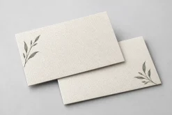 Danh thiếp màu kem với họa tiết thực vật màu xanh.