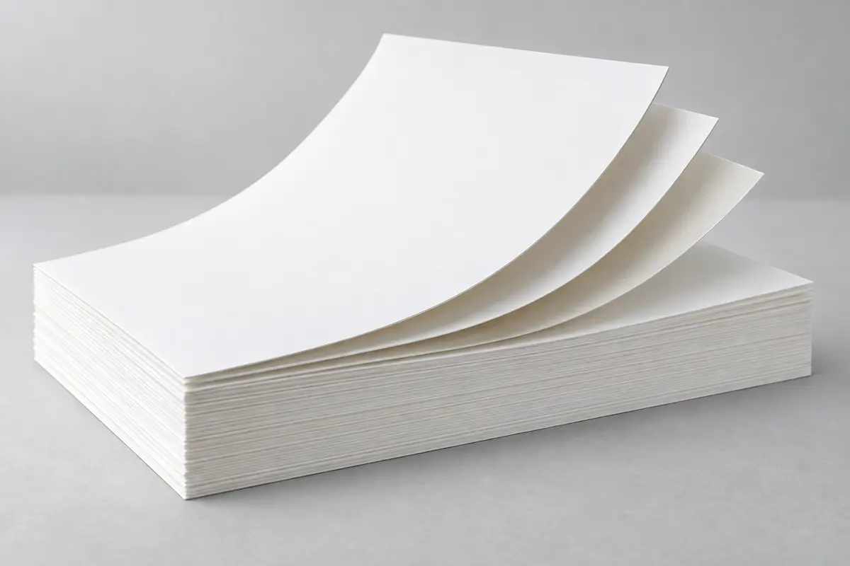 Các tờ giấy ivory trắng xếp lớp, phần trên xòe nhẹ lộ cạnh giấy