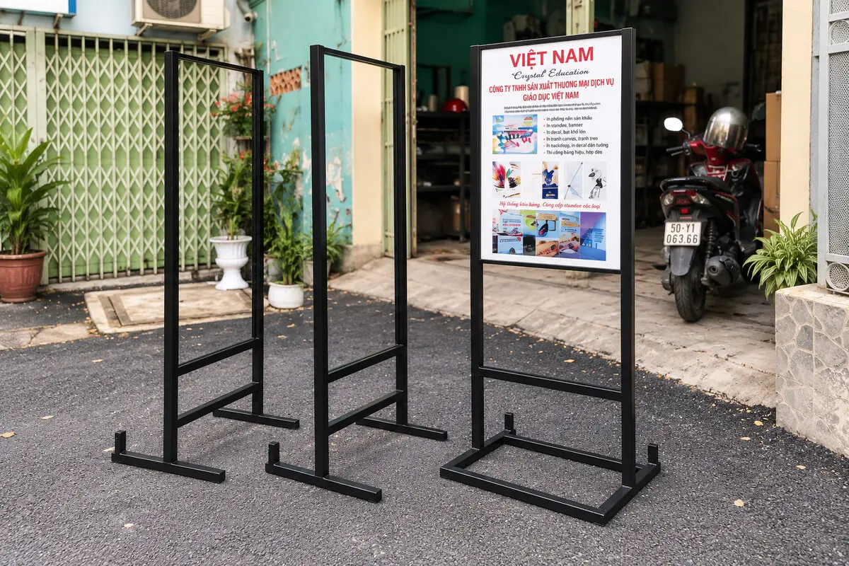 Quy cách standee chân sắt – khung chưa lắp mặt in tại xưởng
