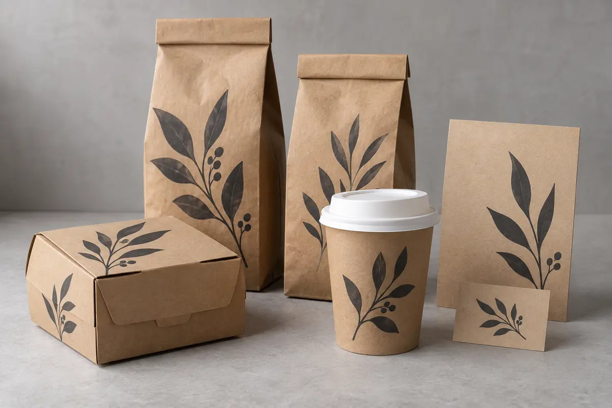 Bộ bao bì giấy kraft cho quán cà phê gồm túi, hộp, ly và thẻ giấy