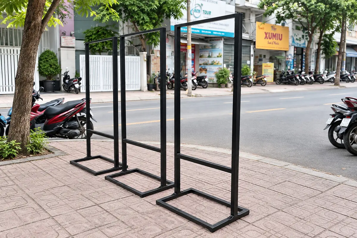 Bộ khung sắt sơn đen chưa lắp mặt in đặt ngoài trời
