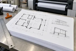 Bản vẽ kỹ thuật đen trắng khổ A3 được in trên giấy trắng tại xưởng.