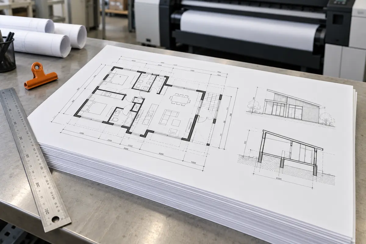 Bản vẽ kỹ thuật đen trắng khổ A3 được in trên giấy trắng tại xưởng.