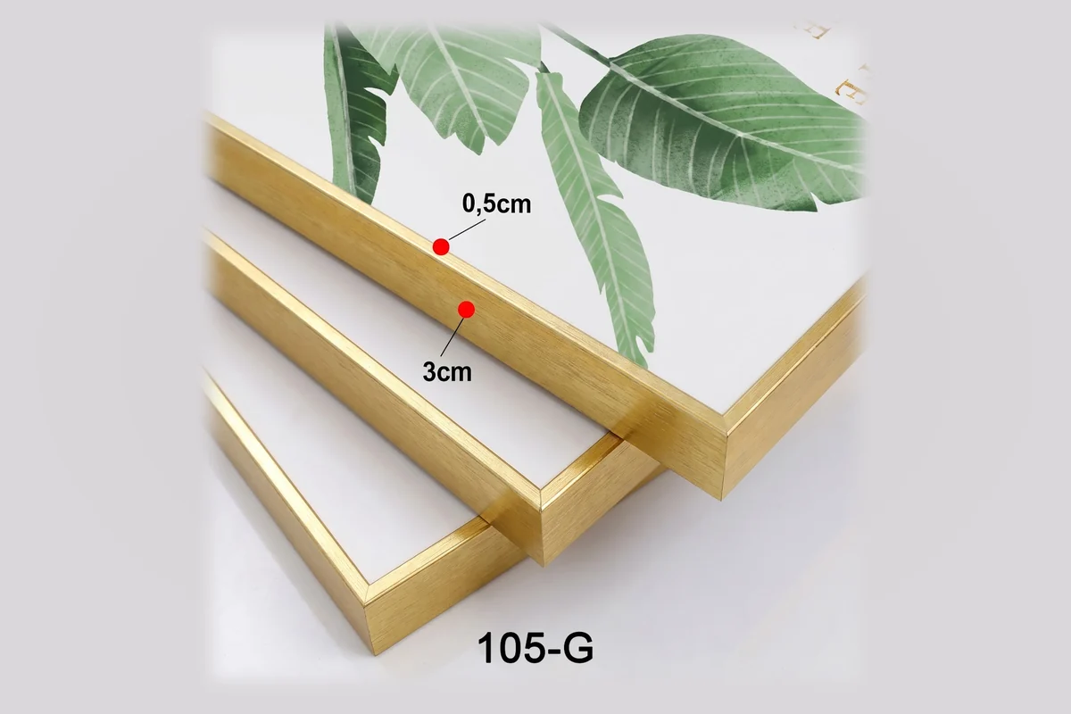 Khung tranh nhôm màu vàng mã 105-G với thông số mặt cắt minh họa.