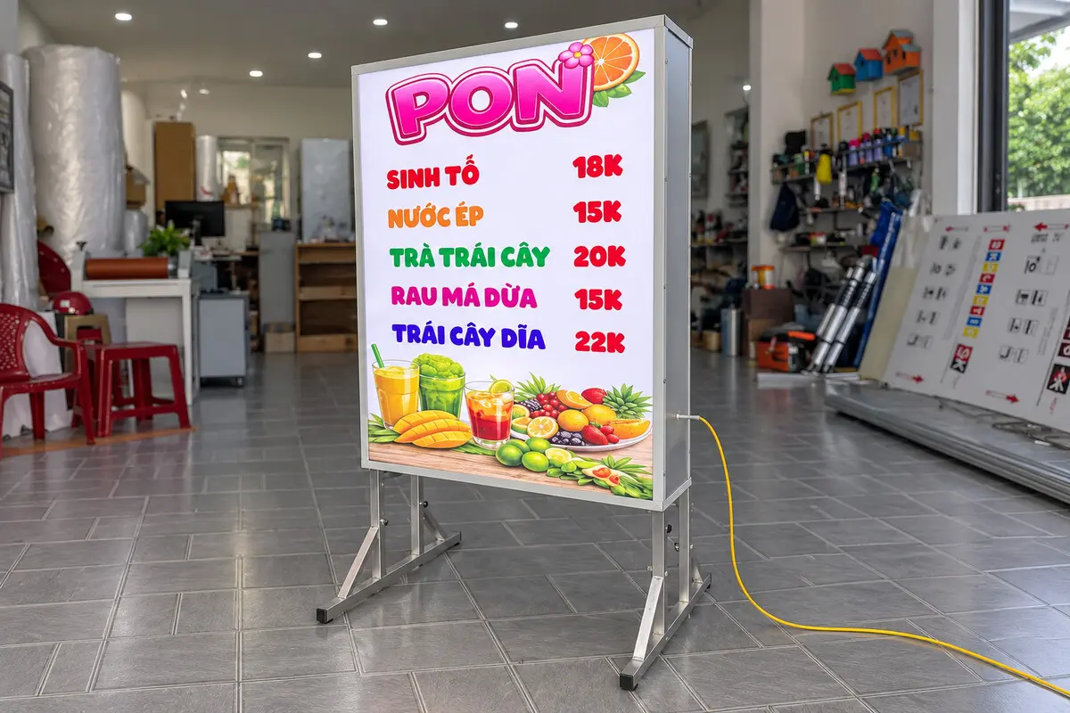 Standee bạt xuyên đèn in menu nước ép