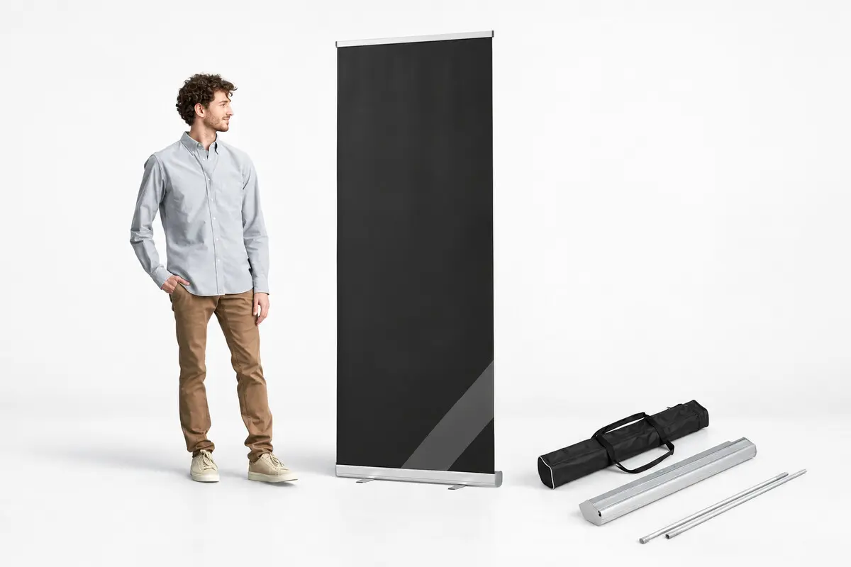 Standee cuốn màu đen kèm túi đựng và bộ thanh chống