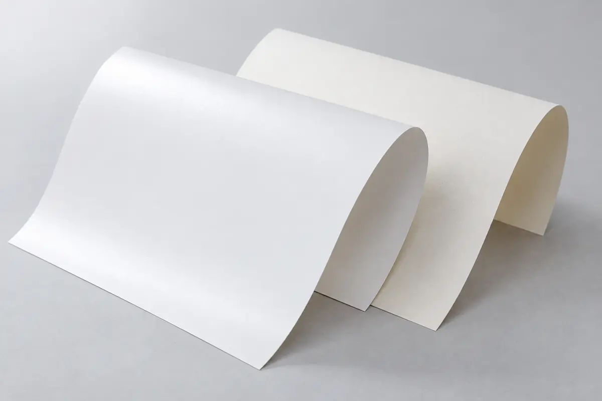 Hai tờ giấy ivory uốn cong, thể hiện mặt trắng láng và mặt ngà nhạt