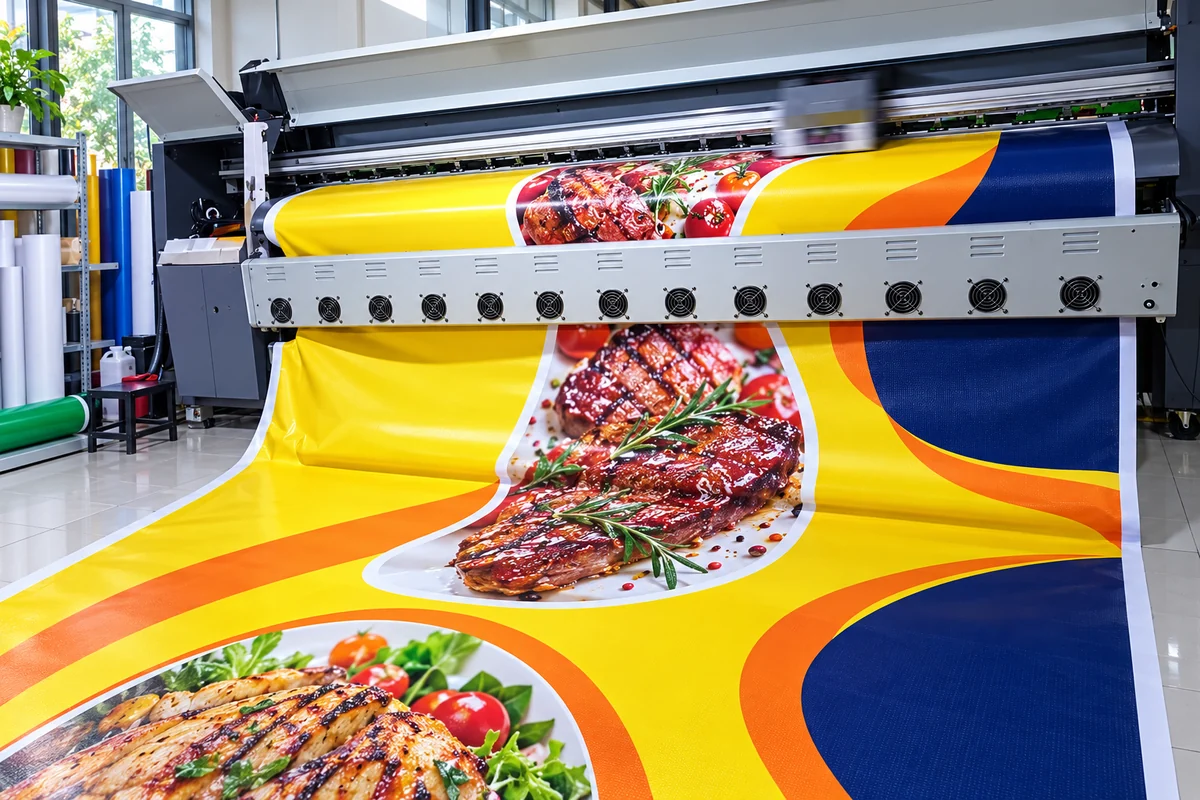 Máy in khổ lớn đang in bạt Hiflex quảng cáo ẩm thực.