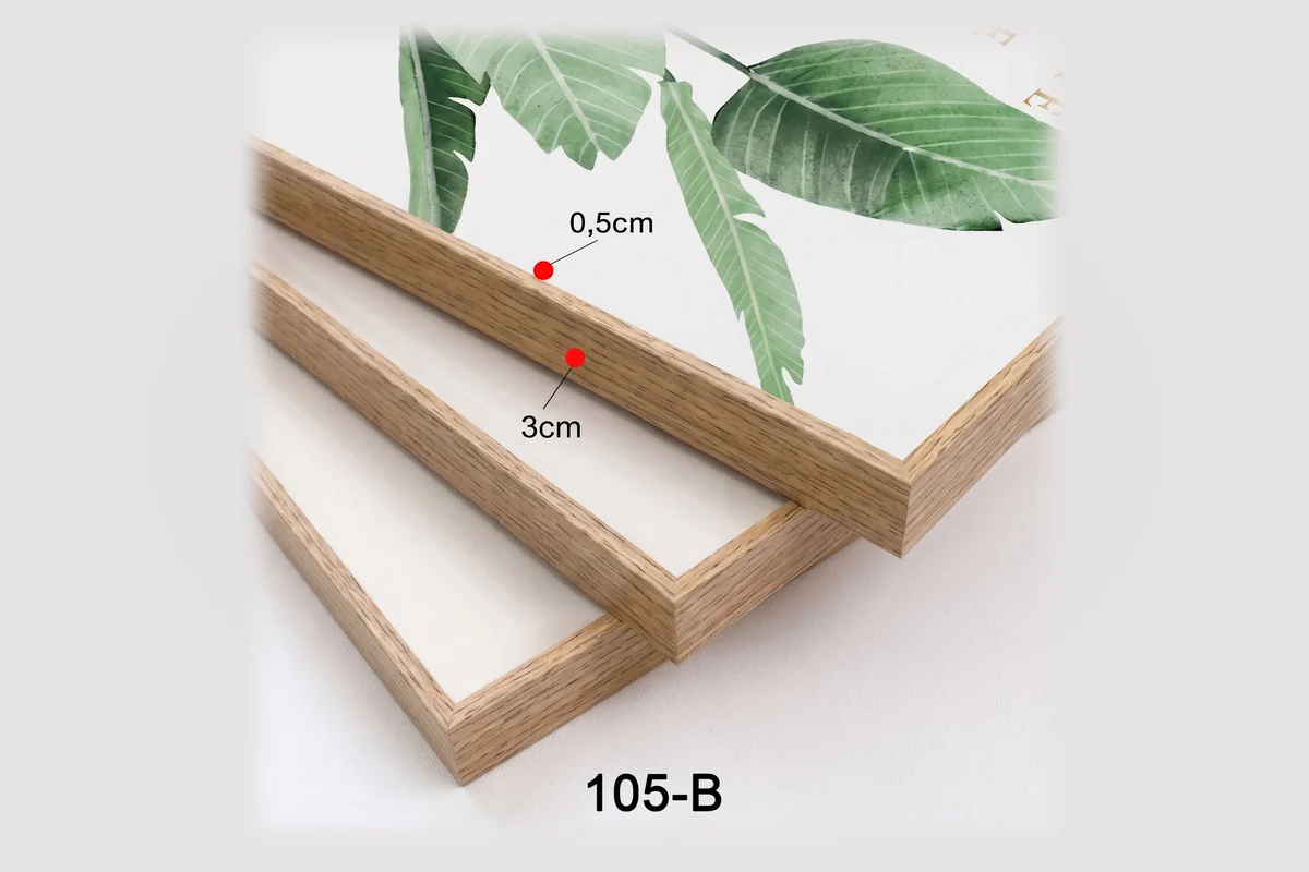 Khung tranh vân gỗ sáng mã 105-B với thông số mặt cắt minh họa.