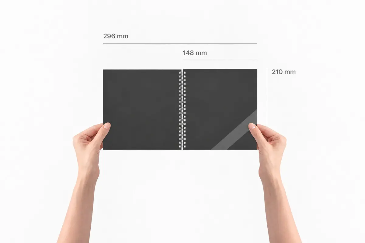 Tay cầm catalogue A5 đóng lò xo kèm số đo 148 x 210 mm