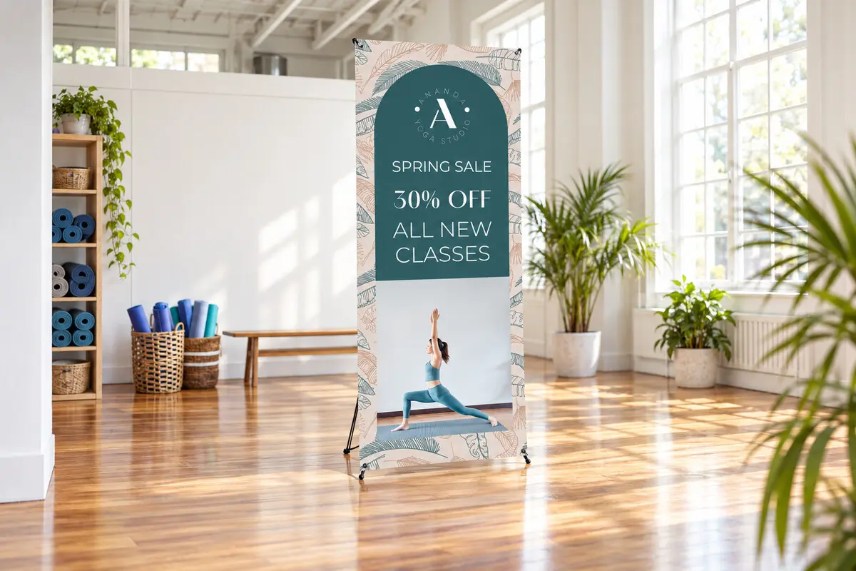 Standee chân X quảng cáo khuyến mãi tại phòng tập yoga